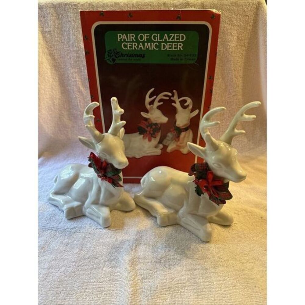 Pair of  White Glazed Ceramic Deer- Christmas Around the World‎ / #54-630